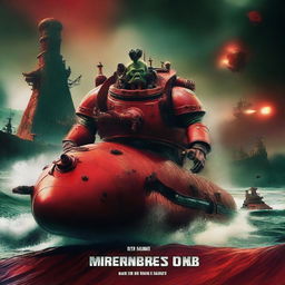 A movie poster featuring a Warhammer 40k ork on a red submarine