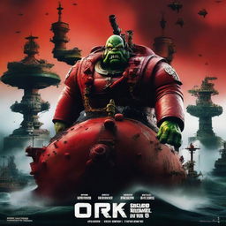 A movie poster featuring a Warhammer 40k ork on a red submarine