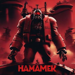 A movie poster featuring a Warhammer 40k ork on a red submarine