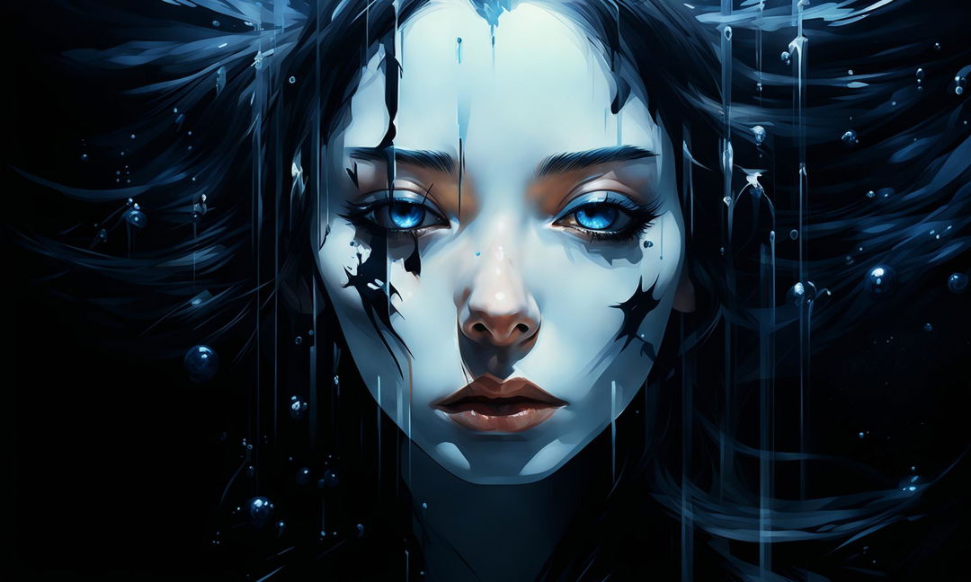 Digital art of a woman's face submerged in water, with striking blue eyes expressing complex emotions. Rendered in Xbox 360 graphics style, it combines dystopian and surrealistic realism elements in a 9:16 aspect ratio.