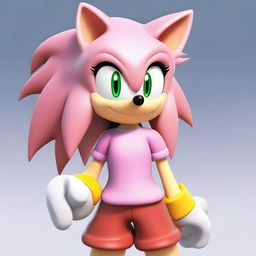 A depiction of Amy Rose, a character from the Sonic the Hedgehog series, with exaggerated features