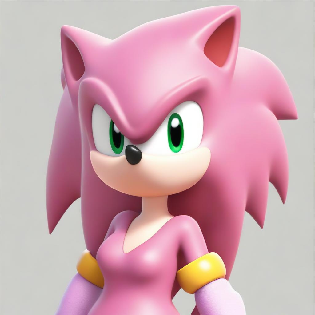 A depiction of Amy Rose, a character from the Sonic the Hedgehog series, with exaggerated features