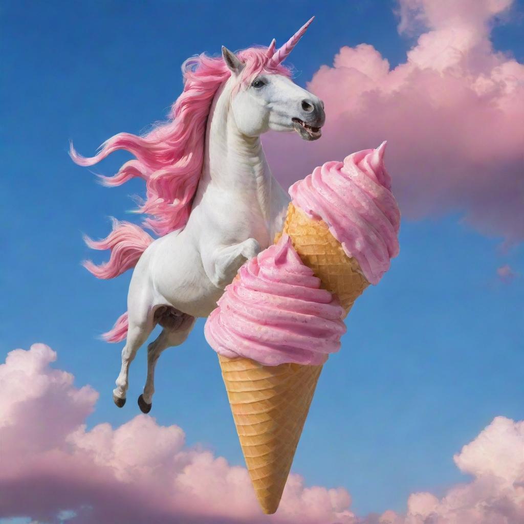 A mythical unicorn, colored like a vibrant rose, gracefully flying, while delightfully eating a dripping ice cream cone against a vibrant sky.