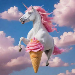 A mythical unicorn, colored like a vibrant rose, gracefully flying, while delightfully eating a dripping ice cream cone against a vibrant sky.