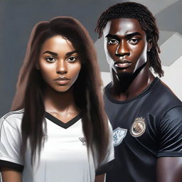 Create a hyper-realistic portrait of a 21-year-old female black assassin and a 24-year-old black male soccer player with long black locks and brown eyes