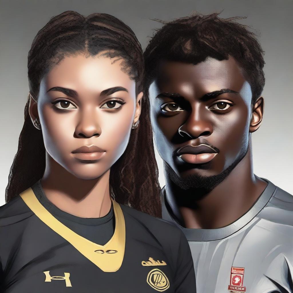 Create a hyper-realistic portrait of a 21-year-old female black assassin and a 24-year-old black male soccer player with long black locks and brown eyes