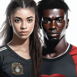 Create a hyper-realistic portrait of a 21-year-old female black assassin and a 24-year-old black male soccer player with long black locks and brown eyes