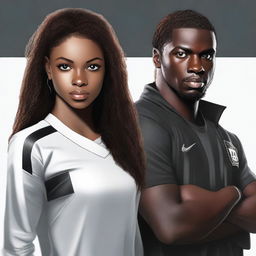 Create a hyper-realistic portrait of a 21-year-old female black assassin and a 24-year-old black male soccer player with long black locks and brown eyes