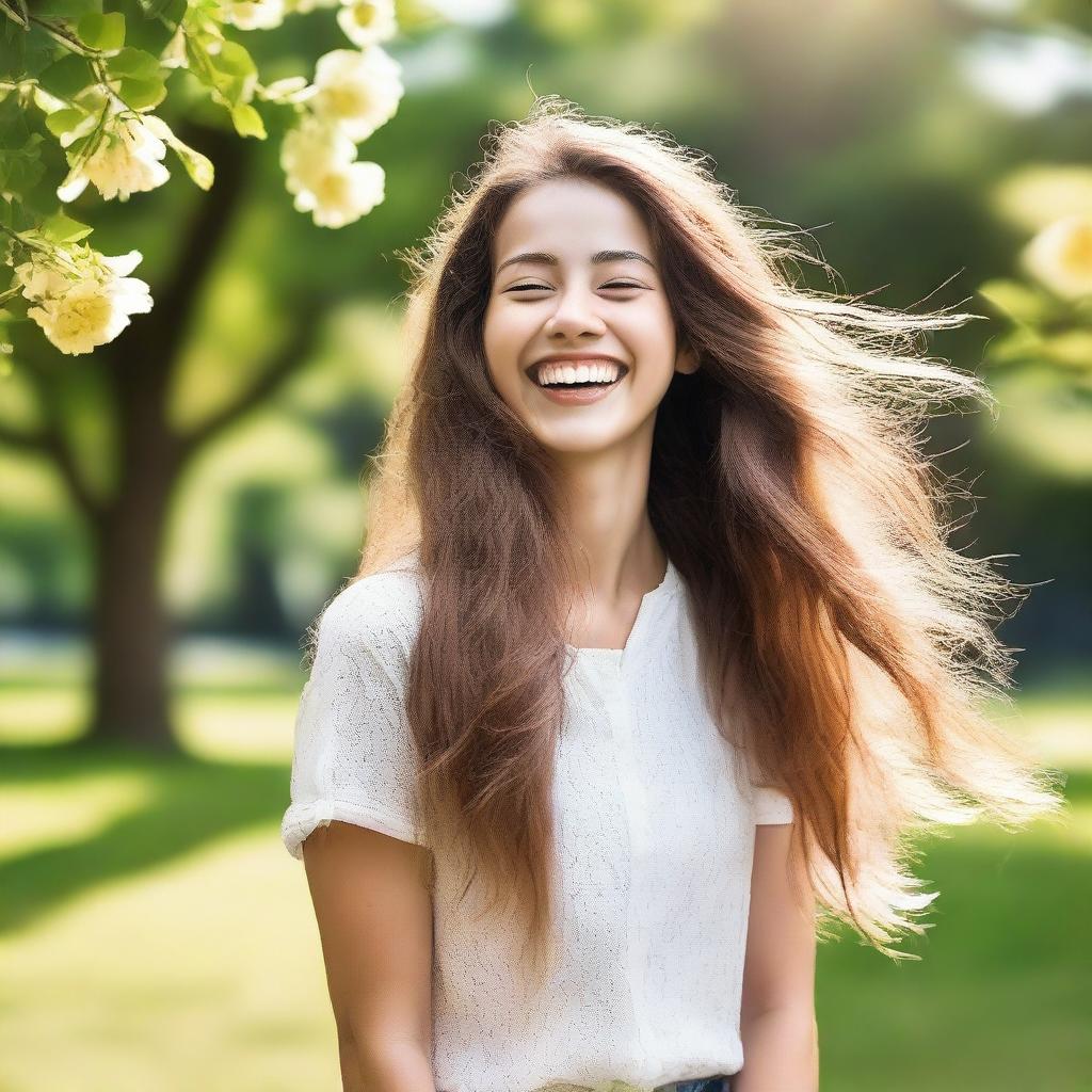 A beautiful girl laughing with joy, her face radiating happiness and warmth