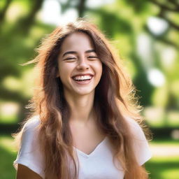 A beautiful girl laughing with joy, her face radiating happiness and warmth