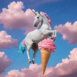 A mythical unicorn, colored like a vibrant rose, gracefully flying, while delightfully eating a dripping ice cream cone against a vibrant sky.