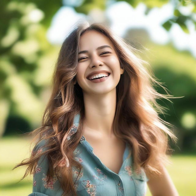 A beautiful girl laughing with joy, her face radiating happiness and warmth