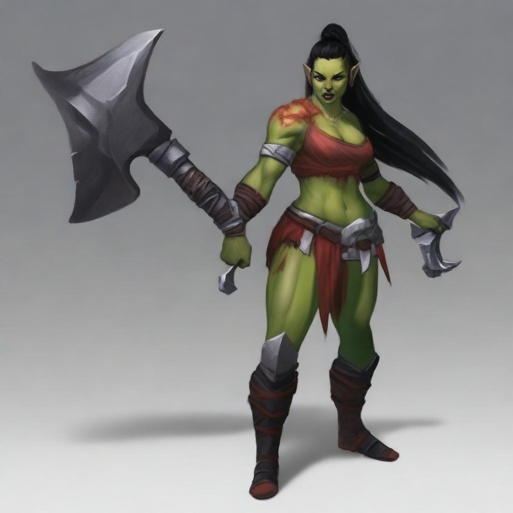 A female half-orc barbarian with black hair in a high ponytail, red skin, and horns