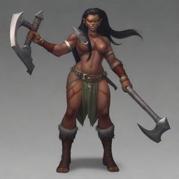 A female half-orc barbarian with black hair in a high ponytail, red skin, and horns