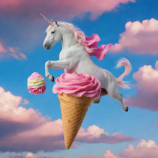 A mythical unicorn, colored like a vibrant rose, gracefully flying, while delightfully eating a dripping ice cream cone against a vibrant sky.