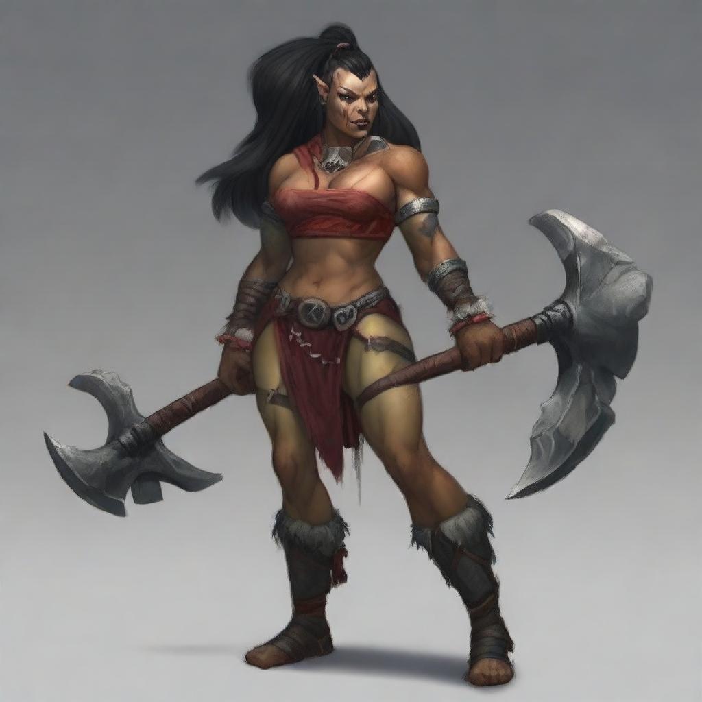 A female half-orc barbarian with black hair in a high ponytail, red skin, and horns