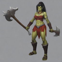 A female half-orc barbarian with black hair in a high ponytail, red skin, and horns