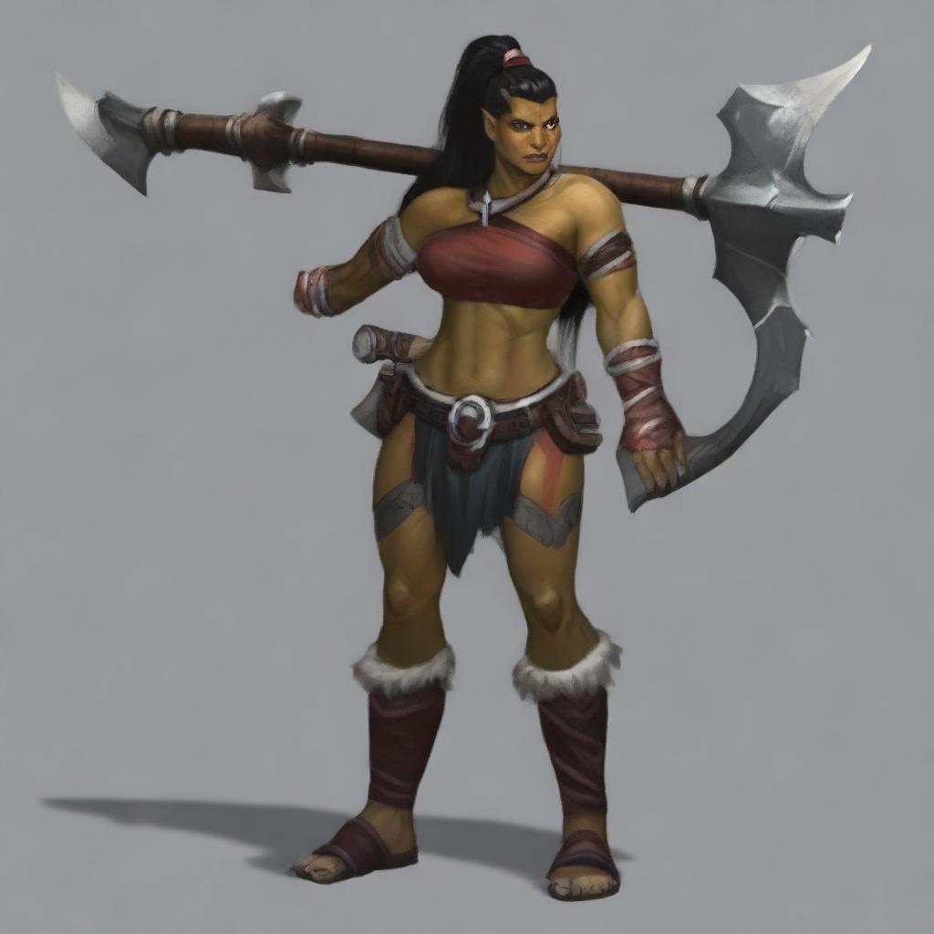 A female half-orc barbarian with black hair in a high ponytail, red skin, and horns