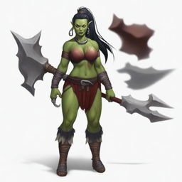 A female half-orc barbarian with black hair in a high ponytail, red skin, and horns