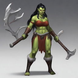 A female half-orc barbarian with black hair in a high ponytail, red skin, and horns