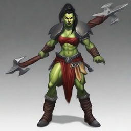 A female half-orc barbarian with black hair in a high ponytail, red skin, and horns