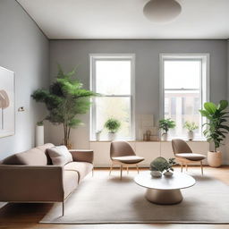 A beautifully designed modern interior space featuring minimalist furniture, sleek lines, and a calming color palette