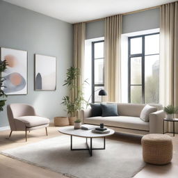 A beautifully designed modern interior space featuring minimalist furniture, sleek lines, and a calming color palette