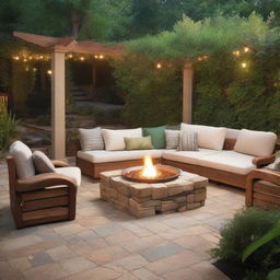 Design an outdoor patio with comfortable seating, lush greenery, and ambient lighting