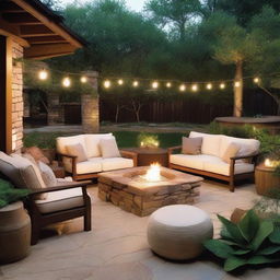 Design an outdoor patio with comfortable seating, lush greenery, and ambient lighting