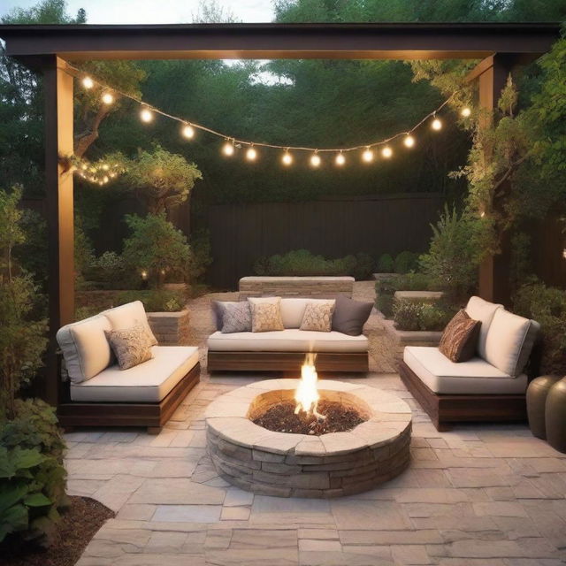 Design an outdoor patio with comfortable seating, lush greenery, and ambient lighting