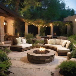 Design an outdoor patio with comfortable seating, lush greenery, and ambient lighting