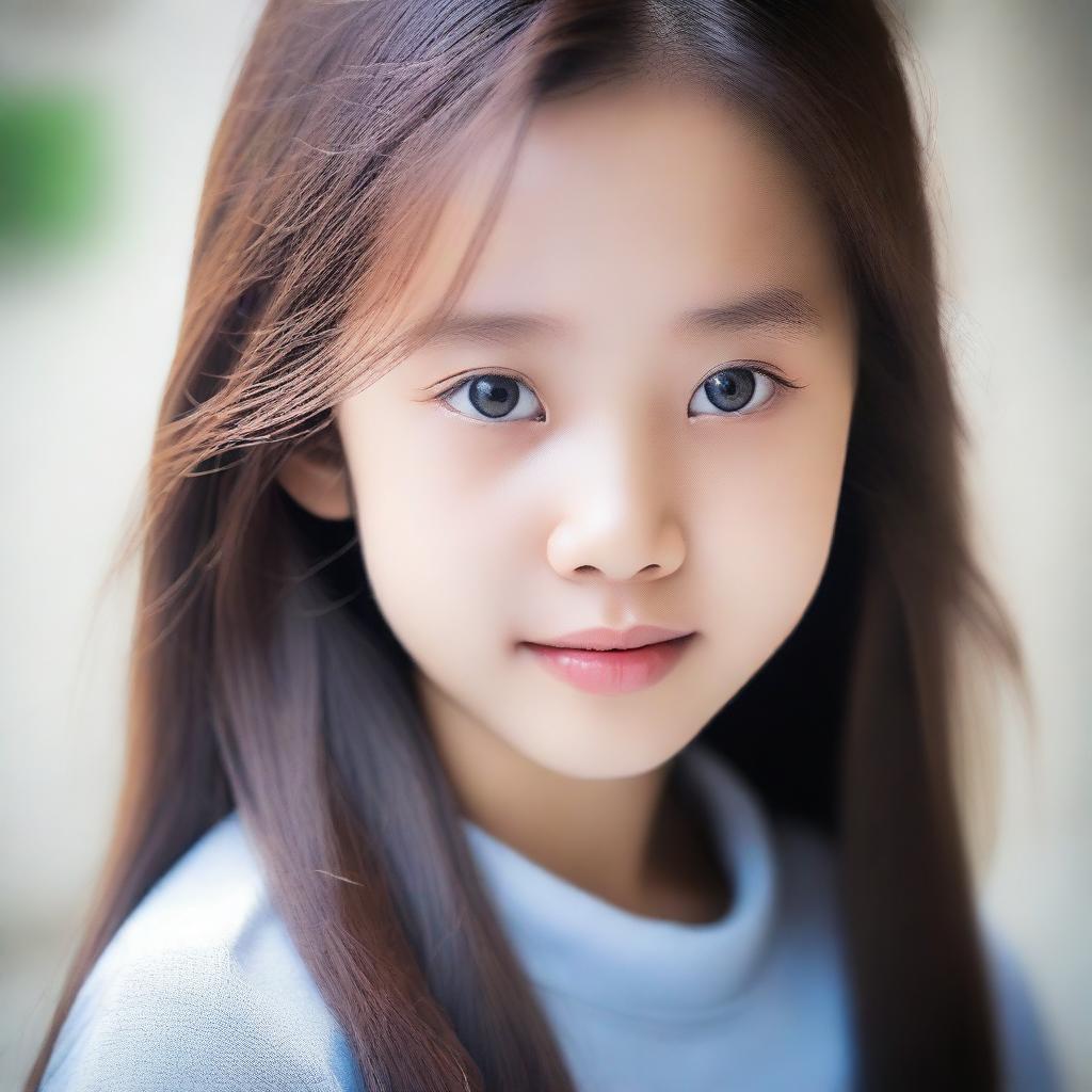 A young, cute Asian girl with long brown hair, blue eyes, and small lips