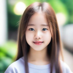 A young, cute Asian girl with long brown hair, blue eyes, and small lips