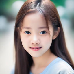 A young, cute Asian girl with long brown hair, blue eyes, and small lips