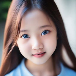 A young, cute Asian girl with long brown hair, blue eyes, and small lips