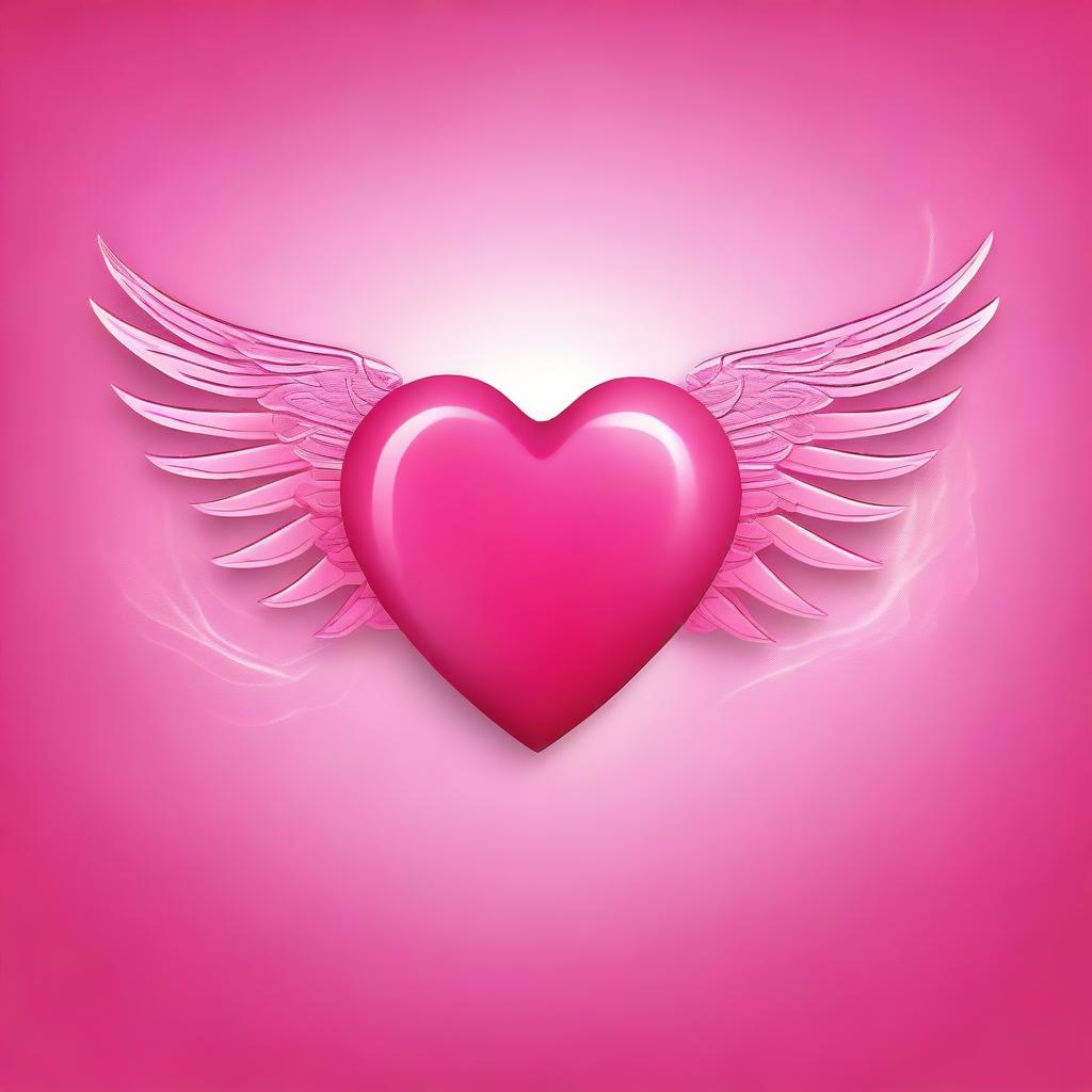 A vibrant pink background featuring a red heart with angel wings