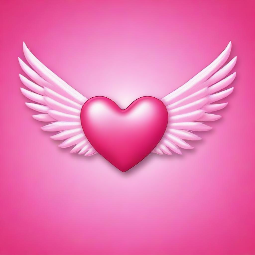 A vibrant pink background featuring a red heart with angel wings