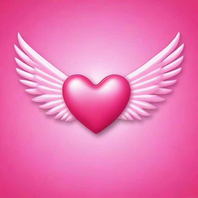 A vibrant pink background featuring a red heart with angel wings