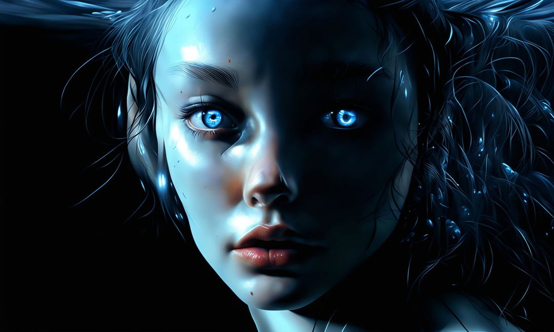 Ultra-photorealistic digital art of a woman's face submerged in water, with vivid blue eyes expressing deep emotions. Rendered in Xbox 360 graphics style, it merges dystopian and surrealistic realism elements in a 9:16 aspect ratio.