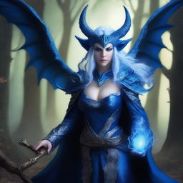 An evil female High Elf draconic sorcerer with blue dragon-like features, including sinister scales and menacing horns