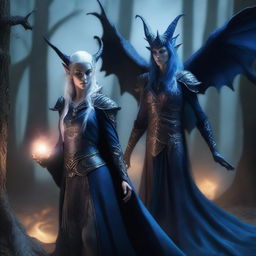 An evil female High Elf draconic sorcerer with blue dragon-like features, including sinister scales and menacing horns