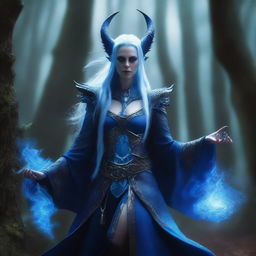 An evil female High Elf draconic sorcerer with blue dragon-like features, including sinister scales and menacing horns