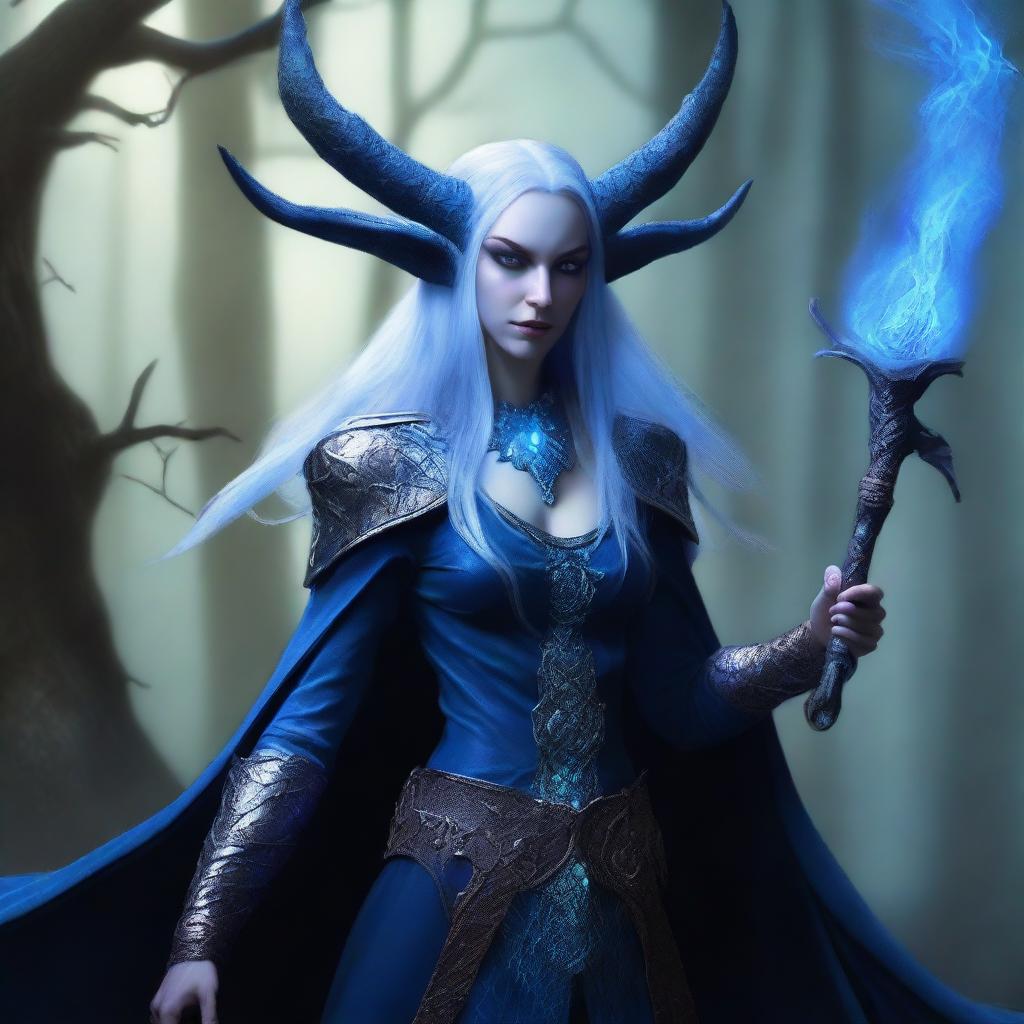 An evil female High Elf draconic sorcerer with blue dragon-like features, including sinister scales and menacing horns