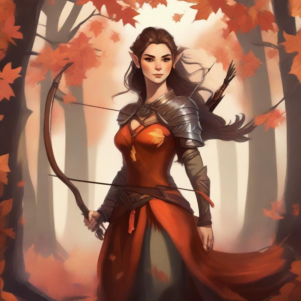 A detailed illustration of a female Eladrin in her Autumn form