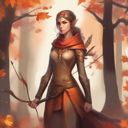 A detailed illustration of a female Eladrin in her Autumn form