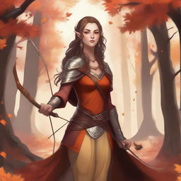 A detailed illustration of a female Eladrin in her Autumn form