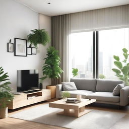 A cozy and modern living room with a comfortable sofa, a coffee table, and a flat-screen TV mounted on the wall