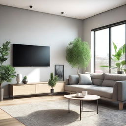 A cozy and modern living room with a comfortable sofa, a coffee table, and a flat-screen TV mounted on the wall