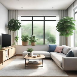 A cozy and modern living room with a comfortable sofa, a coffee table, and a flat-screen TV mounted on the wall