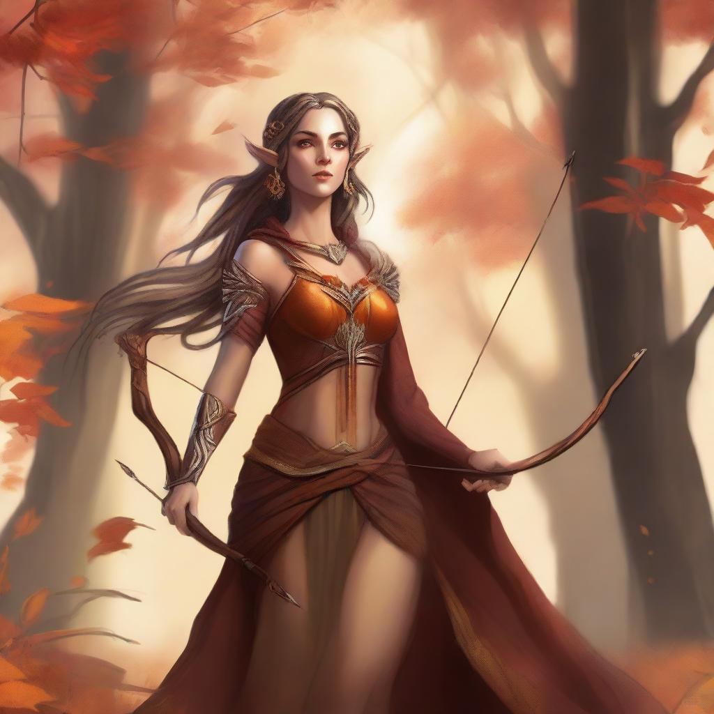 A detailed illustration of a female Eladrin in her Autumn form